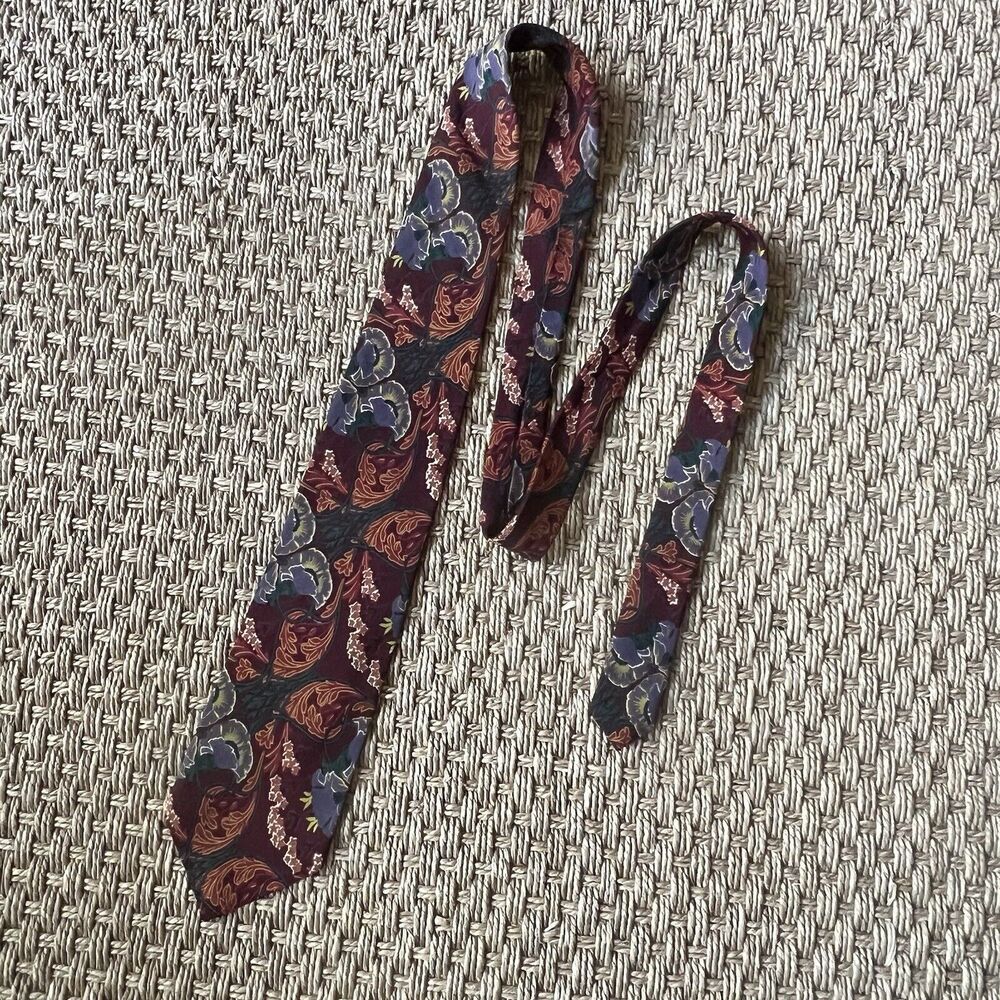 Vintage Polo Ralph Lauren Hand Made Silk Tie Maroon With Floral Filigree Print